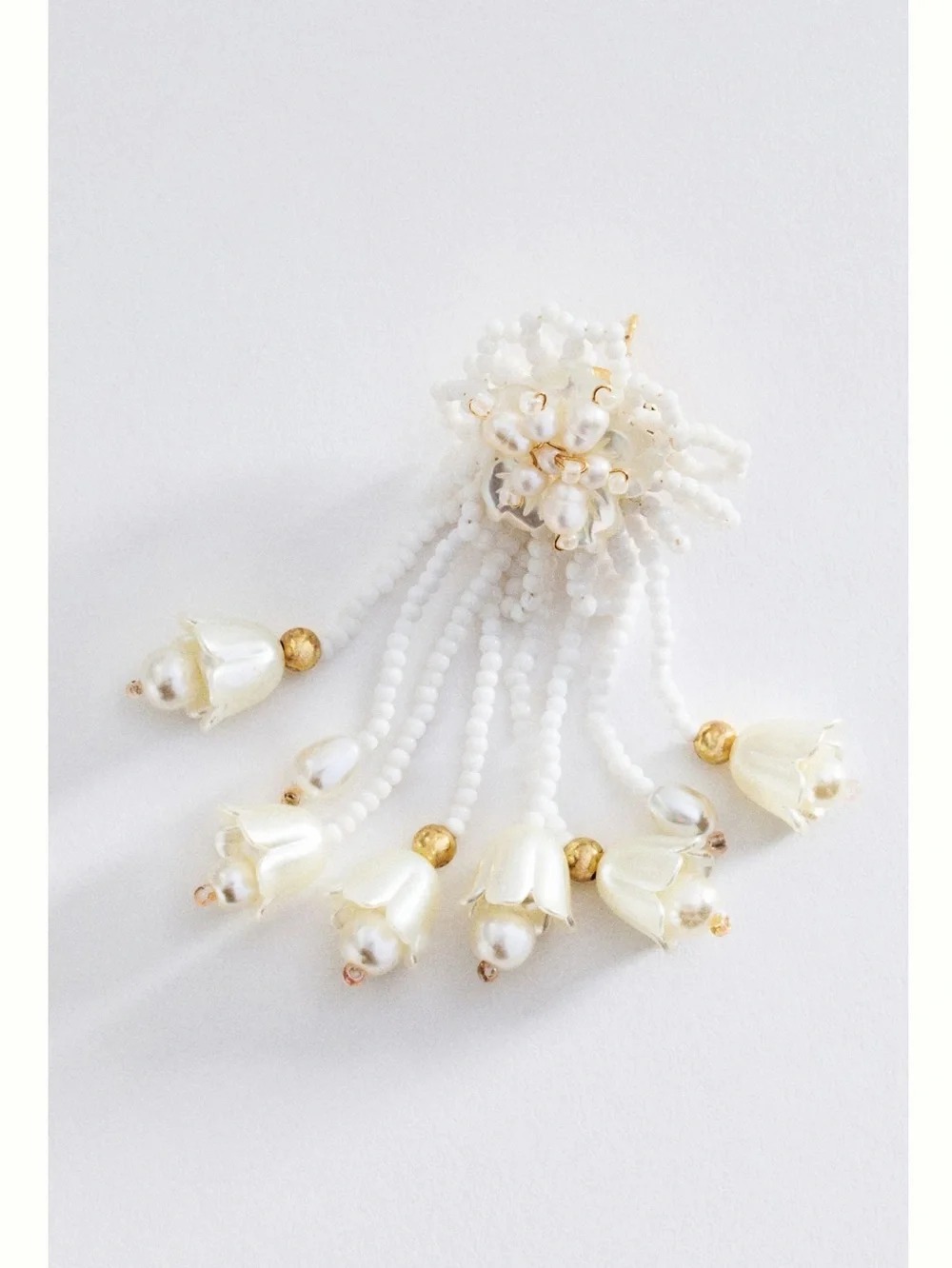 Anthropologie Beaded Drop Earrings Floral Fringe New Ivory Pearl